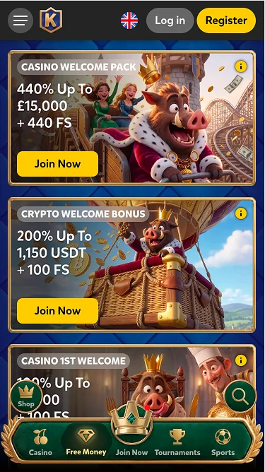 Kingia bonuses screen with three stacked cards: Casino Welcome Pack 440% up to £15,000 + 440 FS, Crypto Welcome Bonus 200% up to 1,150 USDT + 100 FS and Casino 1st Welcome