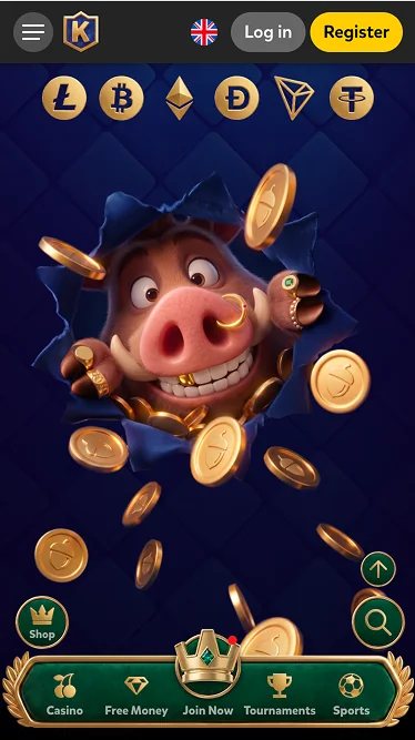 Kingia cashier crypto rails: Litecoin, Bitcoin, Ethereum, Dogecoin, Tron and Tether badges across the top of the deposit screen